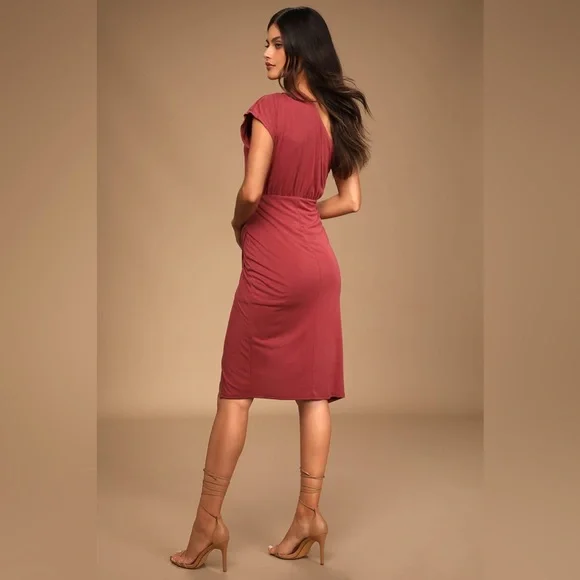 Lulu's Raise a Glass One Shoulder Midi Dress Size S Wedding Cocktail Rusty Rose - Picture 3 of 13